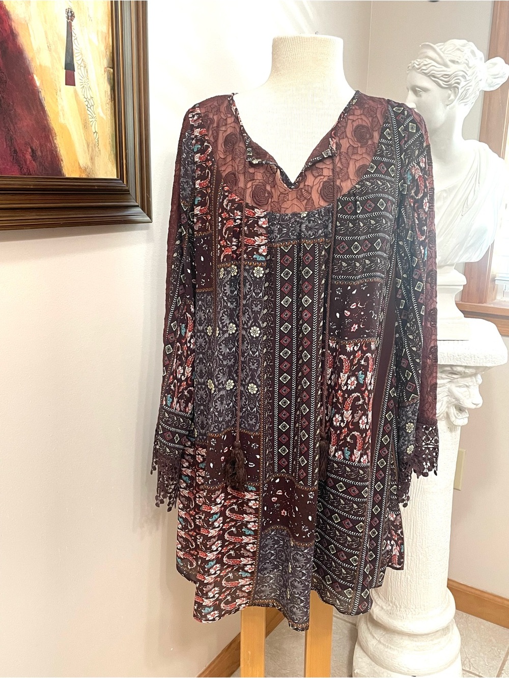Altar’d State Boho Festival Dress Chocolate Brown Tassels Lace M